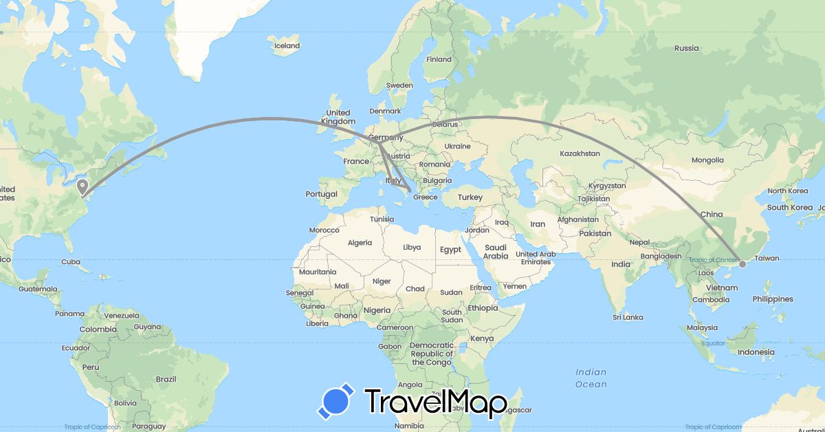 TravelMap itinerary: driving, plane in China, Germany, Italy, United States (Asia, Europe, North America)